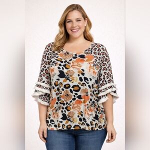Scarlett 2XL Leopard & Floral Tassel Bell Sleeve Top | Plus Size Tee